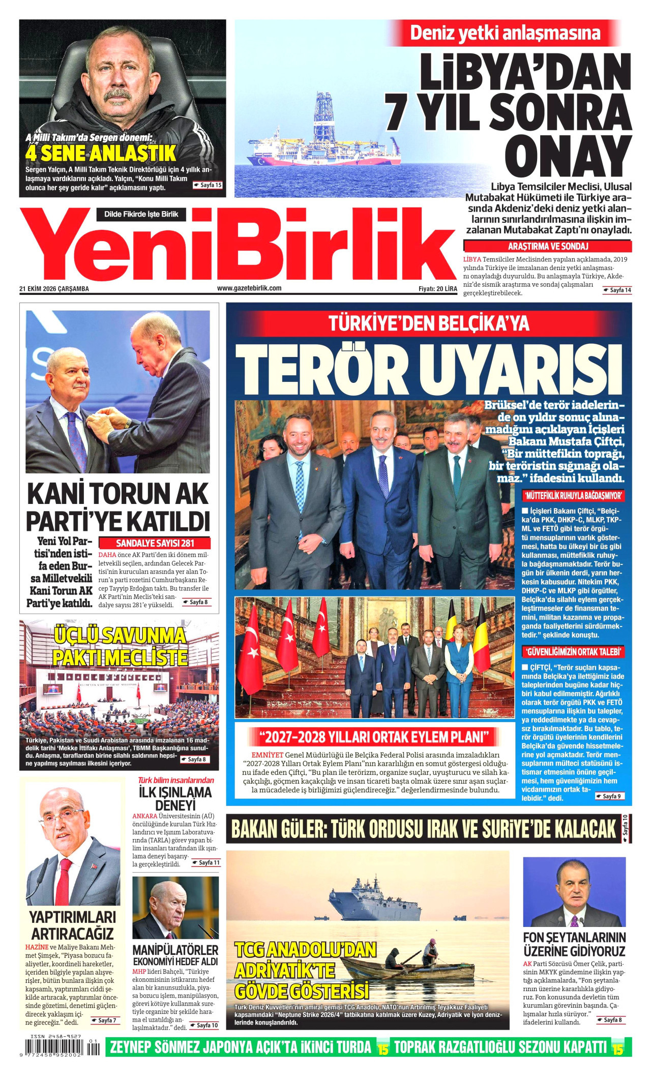 YeniBirlik Gazetesi gazetesi manşeti